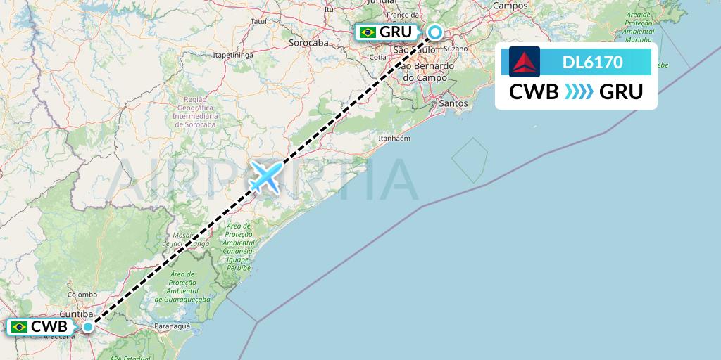 DL6170 Delta Air Lines Flight Map: Curitiba to Sao Paulo