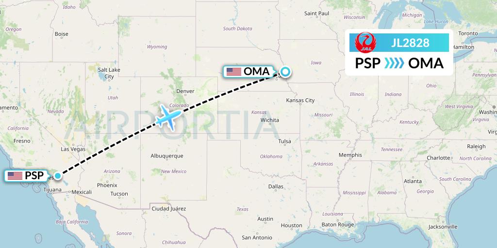 JL2828 Japan Airlines Flight Map: Palm Springs to Omaha