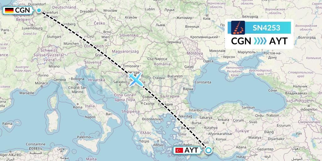 SN4253 Brussels Airlines Flight Map: Cologne to Antalya