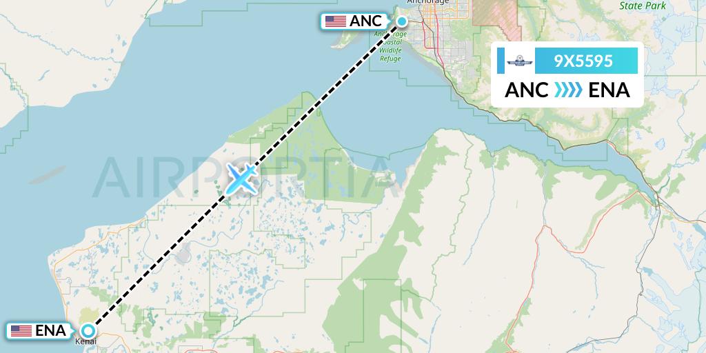 9X5595 Southern Airways Express Flight Map: Anchorage to Kenai