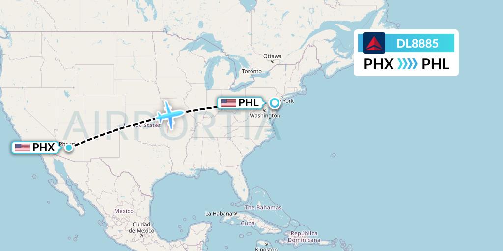 DL8885 Delta Air Lines Flight Map: Phoenix to Philadelphia