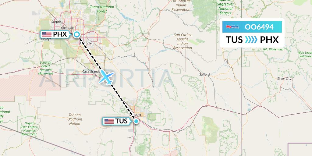 OO6494 SkyWest Airlines Flight Map: Tucson to Phoenix