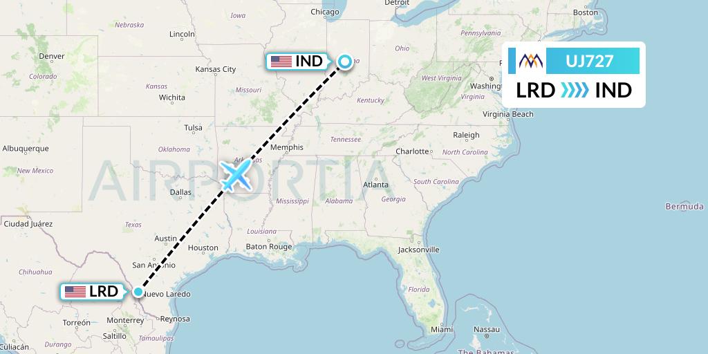 UJ727 AlMasria Universal Airlines Flight Map: Laredo to Indianapolis