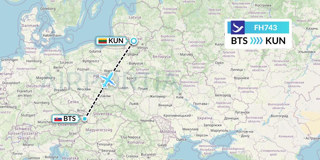 FH743 Freebird Airlines Flight Map: Bratislava to Kaunas