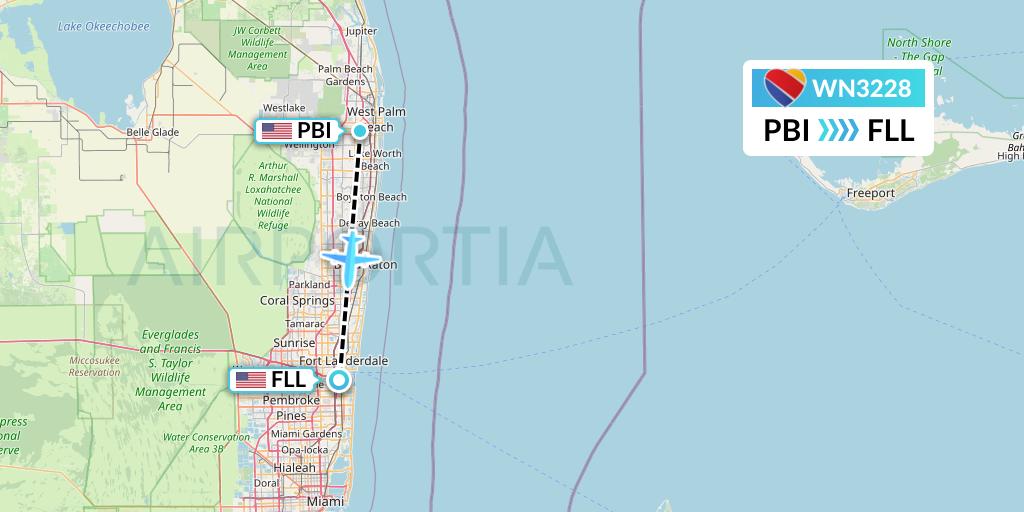 WN3228 Southwest Airlines Flight Map: West Palm Beach to Fort Lauderdale