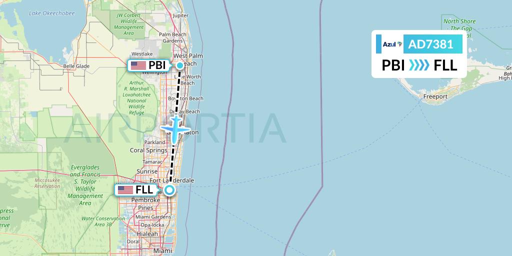 AD7381 Azul Brazilian Airlines Flight Map: West Palm Beach to Fort Lauderdale