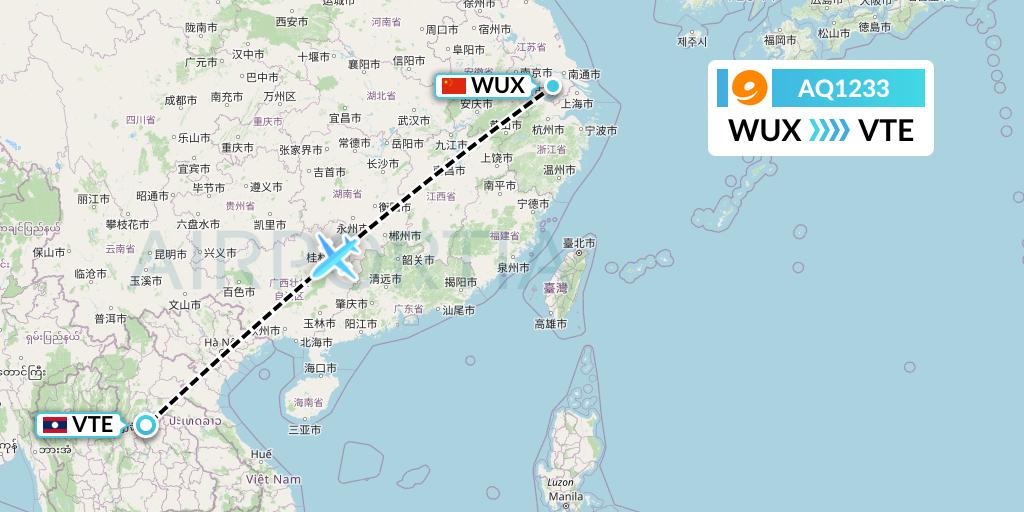 AQ1233 9 Air Flight Map: Wuxi to Vientiane