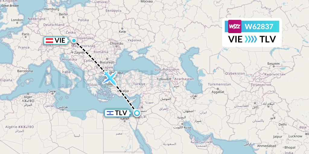 W62837 Wizz Air Flight Map: Vienna to Tel Aviv