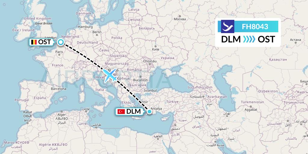 FH8043 Freebird Airlines Flight Map: Dalaman to Ostend