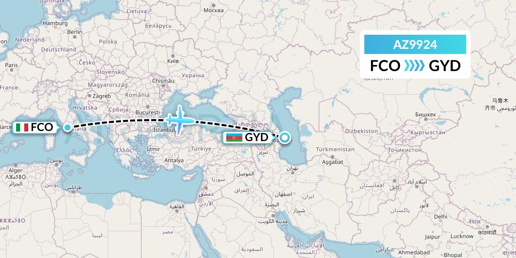 AZ9924 ITA Airways Flight Map: Rome to Baku