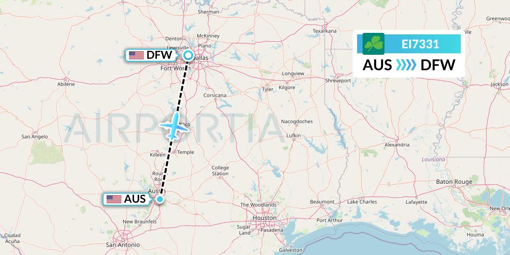 EI7331 Aer Lingus Flight Map: Austin to Dallas