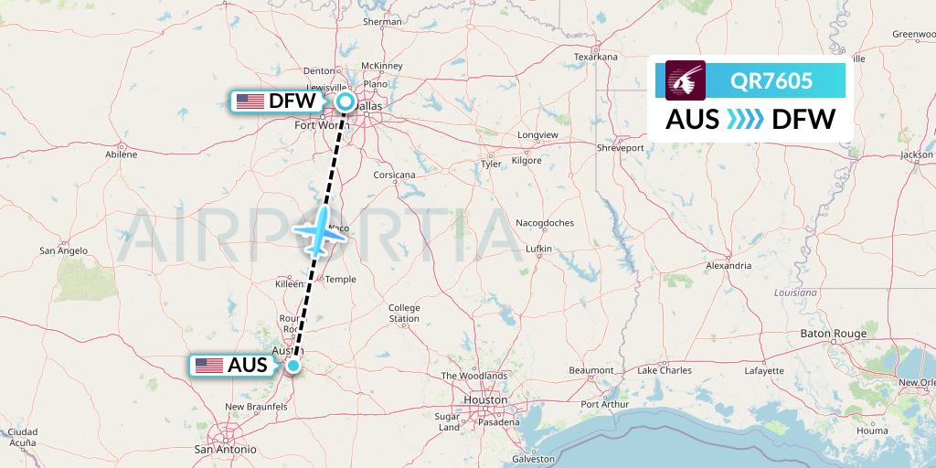 QR7605 Qatar Airways Flight Map: Austin to Dallas