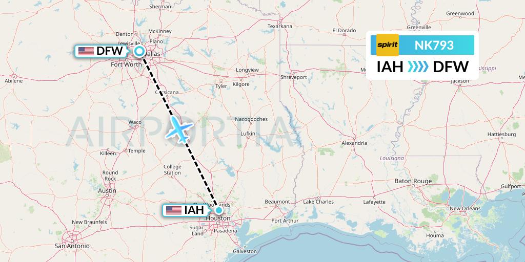 NK793 Spirit Airlines Flight Map: Houston to Dallas