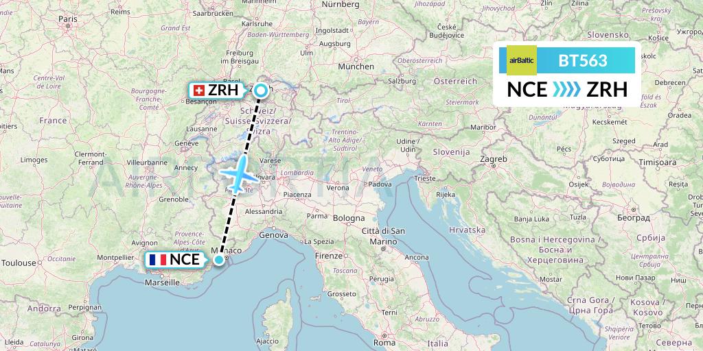 BT563 Air Baltic Flight Map: Nice to Zurich