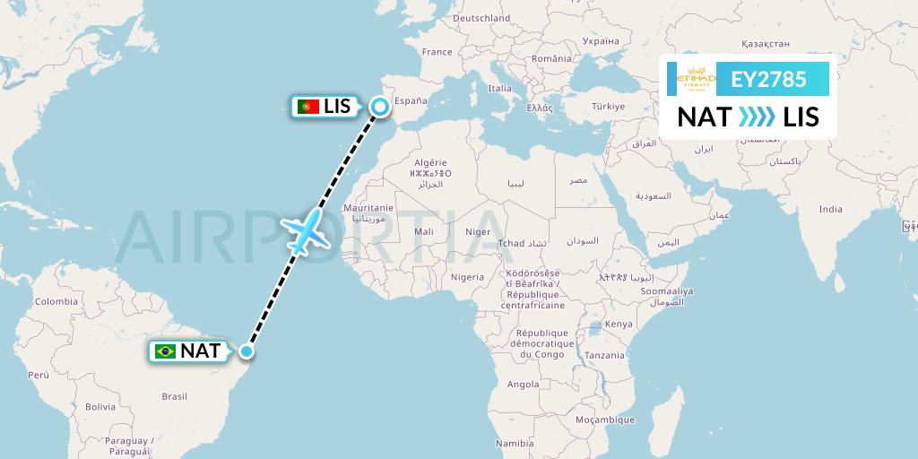 EY2785 Etihad Airways Flight Map: Natal to Lisbon