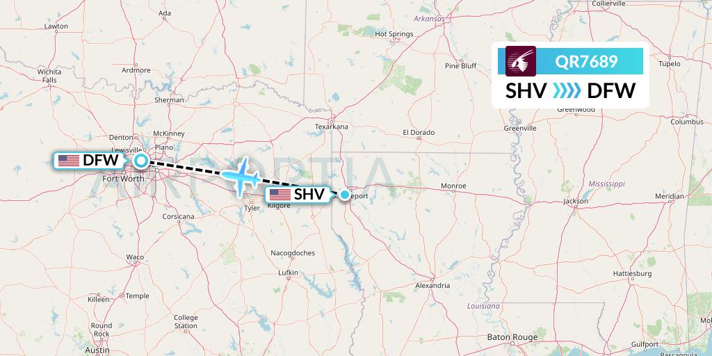 QR7689 Qatar Airways Flight Map: Shreveport to Dallas