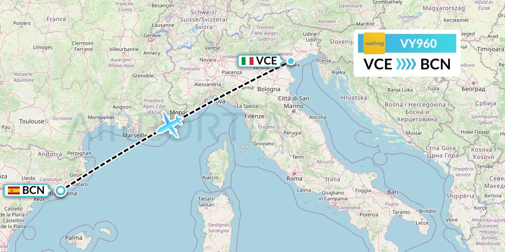 VY960 Vueling Flight Map: Venice to Barcelona
