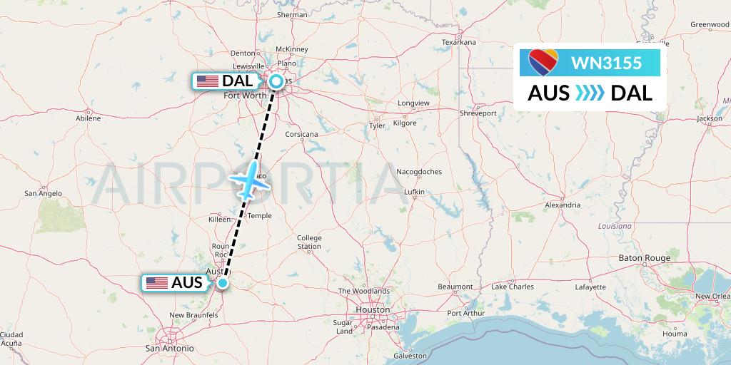 WN3155 Southwest Airlines Flight Map: Austin to Dallas