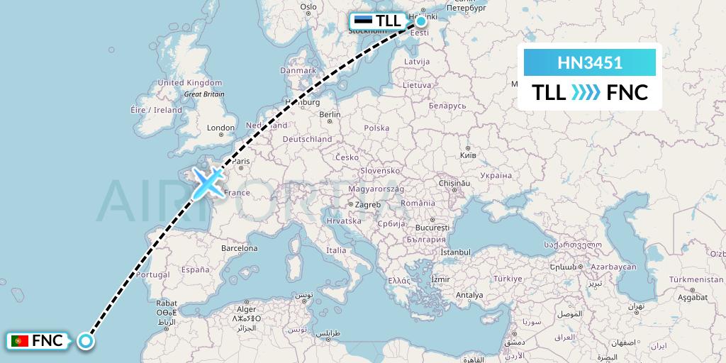 HN3451 Uab Heston Airlines Jsc Heston Airl Flight Map: Tallinn to Funchal