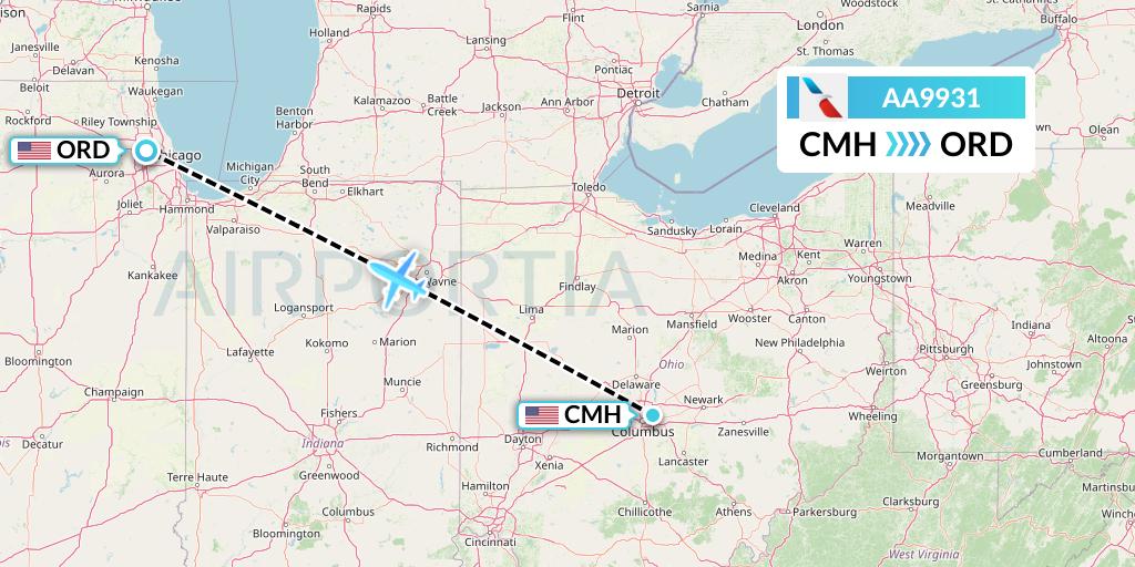 AA9931 American Airlines Flight Map: Columbus to Chicago