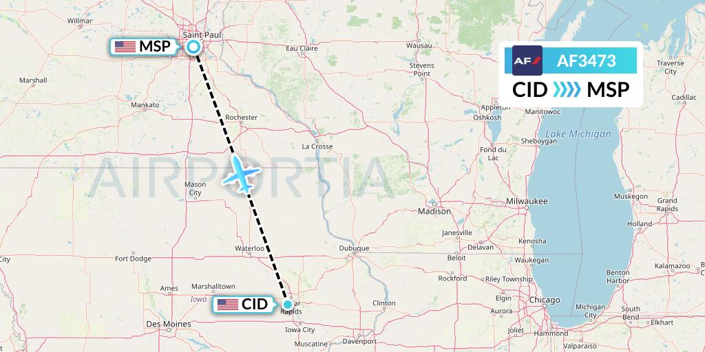 AF3473 Air France Flight Map: Cedar Rapids to Minneapolis