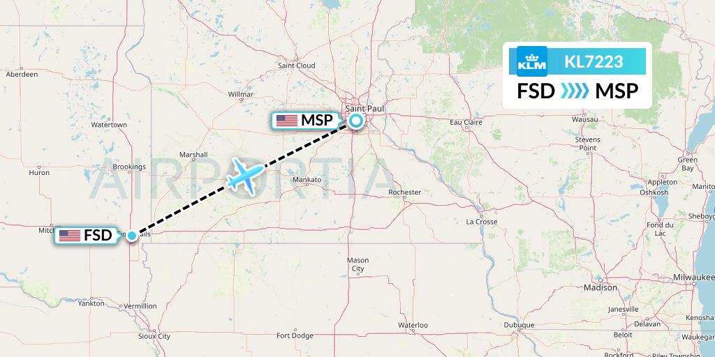 KL7223 KLM Flight Map: Sioux Falls to Minneapolis