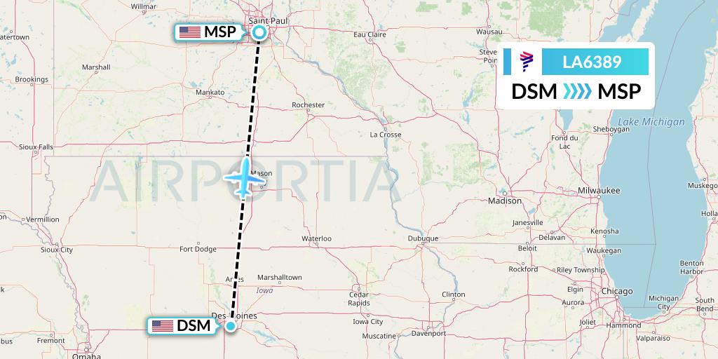 LA6389 LAN Airlines Flight Map: Des Moines to Minneapolis