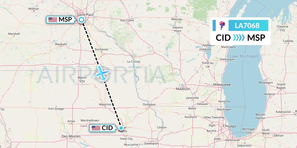 LA7068 LAN Airlines Flight Map: Cedar Rapids to Minneapolis