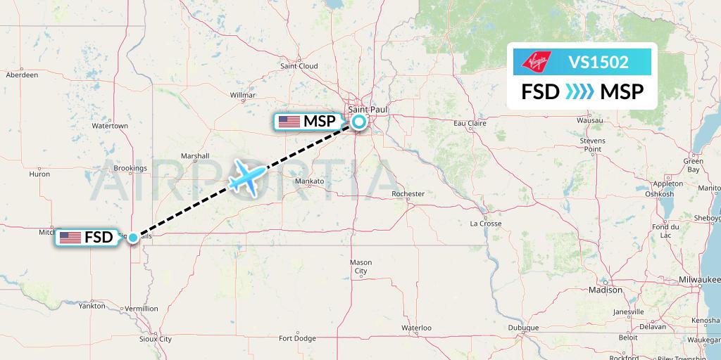 VS1502 Virgin Atlantic Airways Flight Map: Sioux Falls to Minneapolis