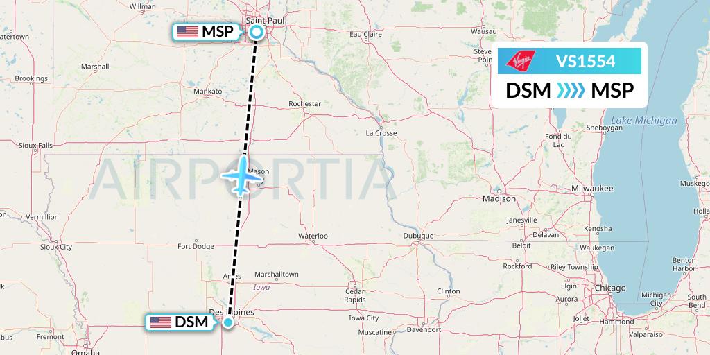 VS1554 Virgin Atlantic Airways Flight Map: Des Moines to Minneapolis