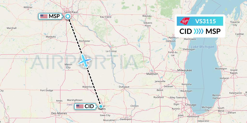VS3115 Virgin Atlantic Airways Flight Map: Cedar Rapids to Minneapolis