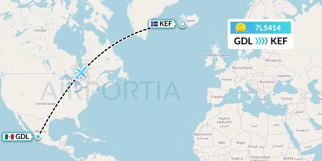 7L5414 Silk Way West Airlines Flight Map: Guadalajara to Reykjavik