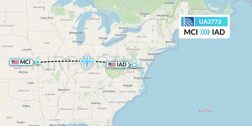 UA3773 United Airlines Flight Map: Kansas City to Washington