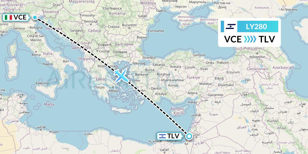LY280 El Al Flight Map: Venice to Tel Aviv