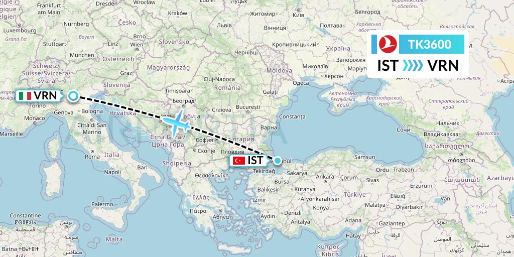 TK3600 Turkish Airlines Flight Map: Istanbul to Verona