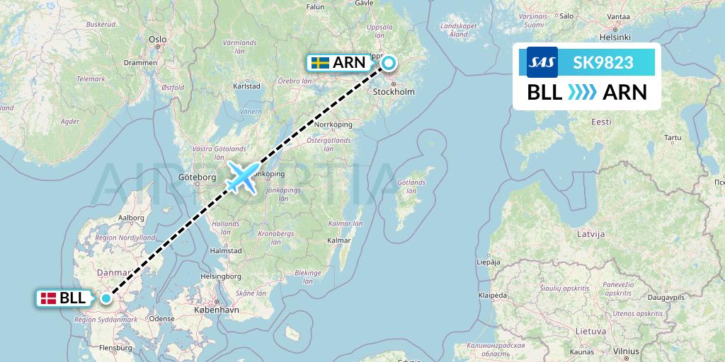SK9823 SAS Flight Map: Billund to Stockholm