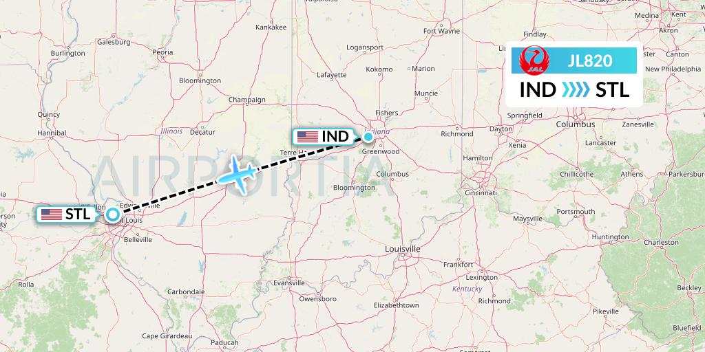 JL820 Japan Airlines Flight Map: Indianapolis to St. Louis