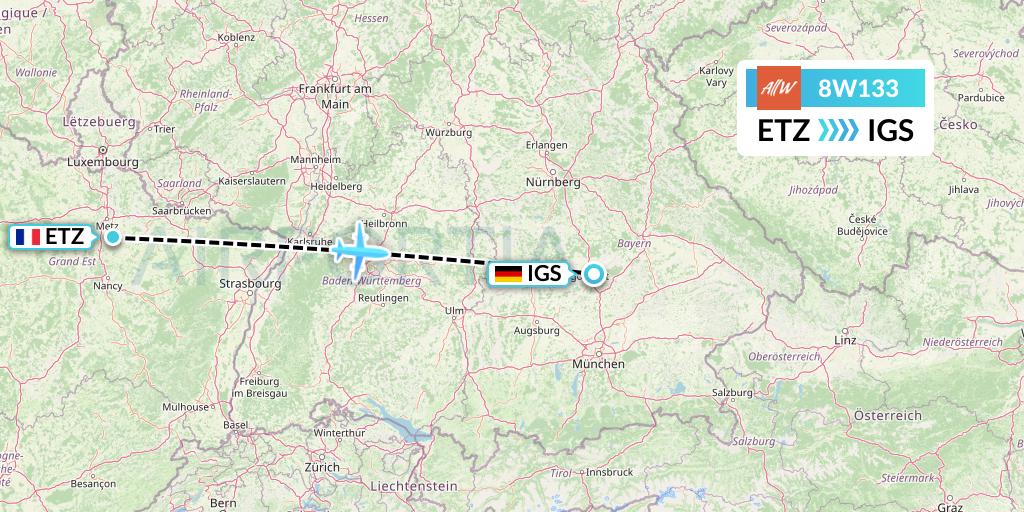 8W133 Fly AllWays Flight Map: Metz-Nancy to Ingolstadt