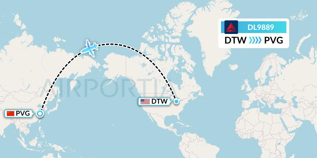 DL9889 Delta Air Lines Flight Map: Detroit to Shanghai