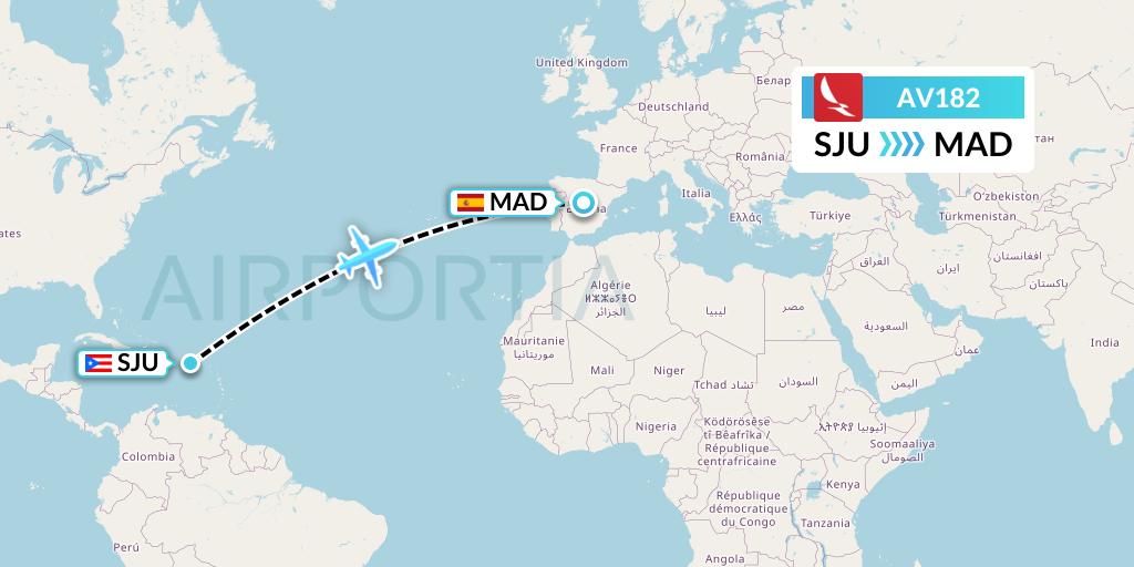 AV182 Avianca Flight Map: San Juan to Madrid