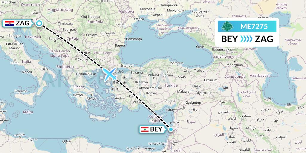 ME7275 MEA Flight Map: Beirut to Zagreb