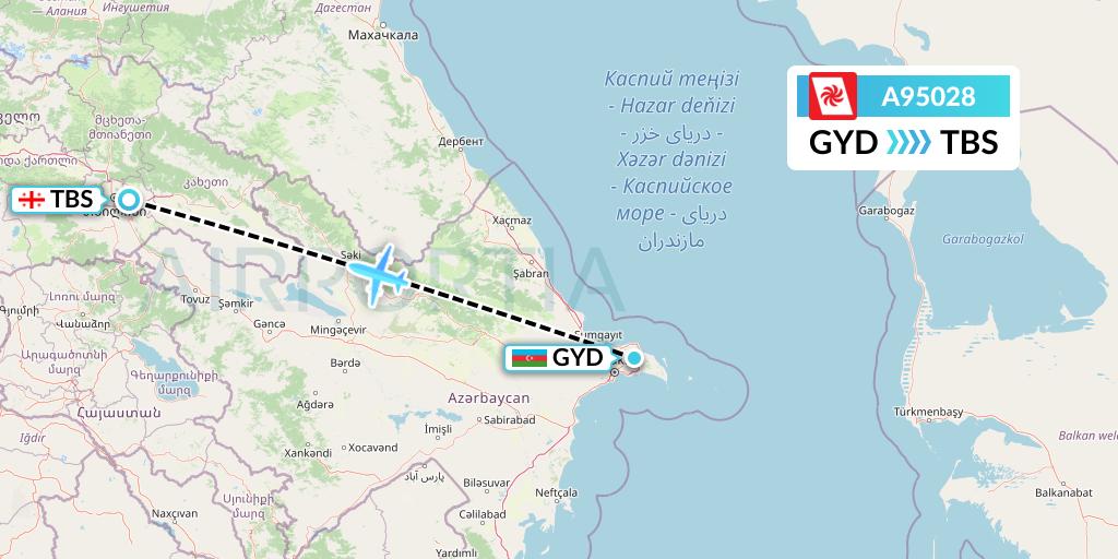 A95028 Georgian Airways Flight Map: Baku to Tbilisi