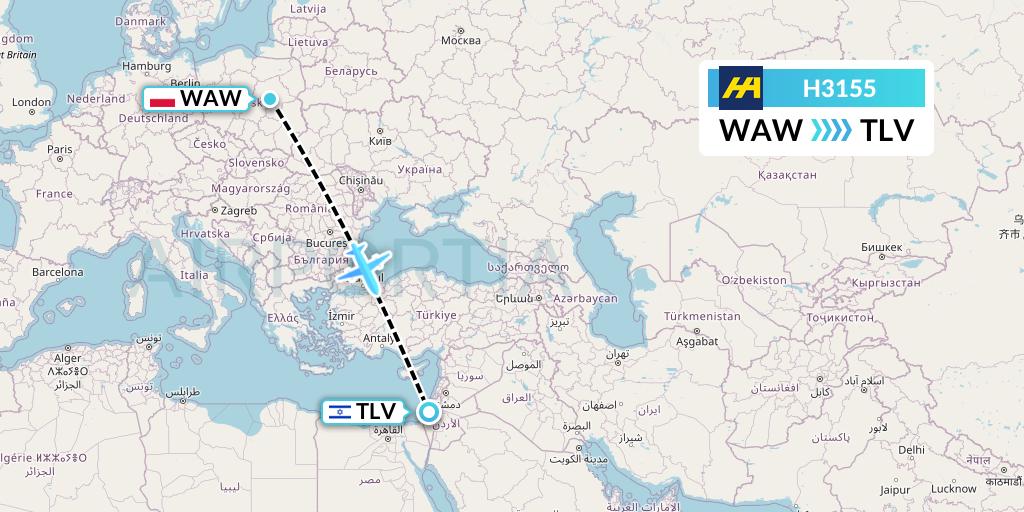 H3155 Harbour Air Flight Map: Warsaw to Tel Aviv