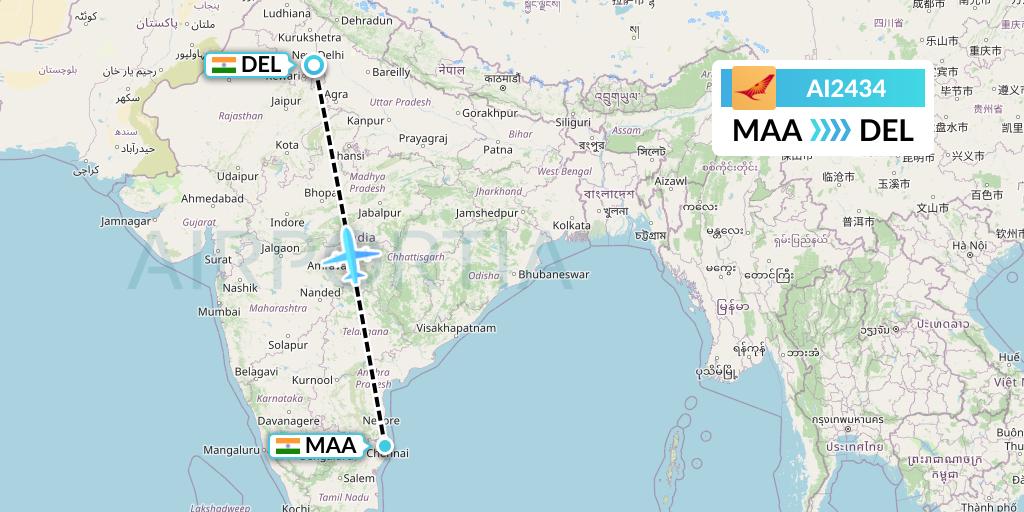 AI2434 Air India Flight Map: Chennai to Delhi