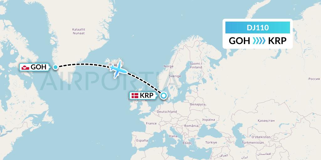 DJ110 Air Djibouti Flight Map: Nuuk to Karup