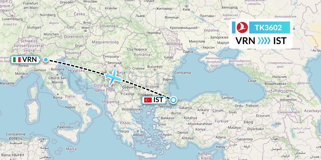 TK3602 Turkish Airlines Flight Map: Verona to Istanbul