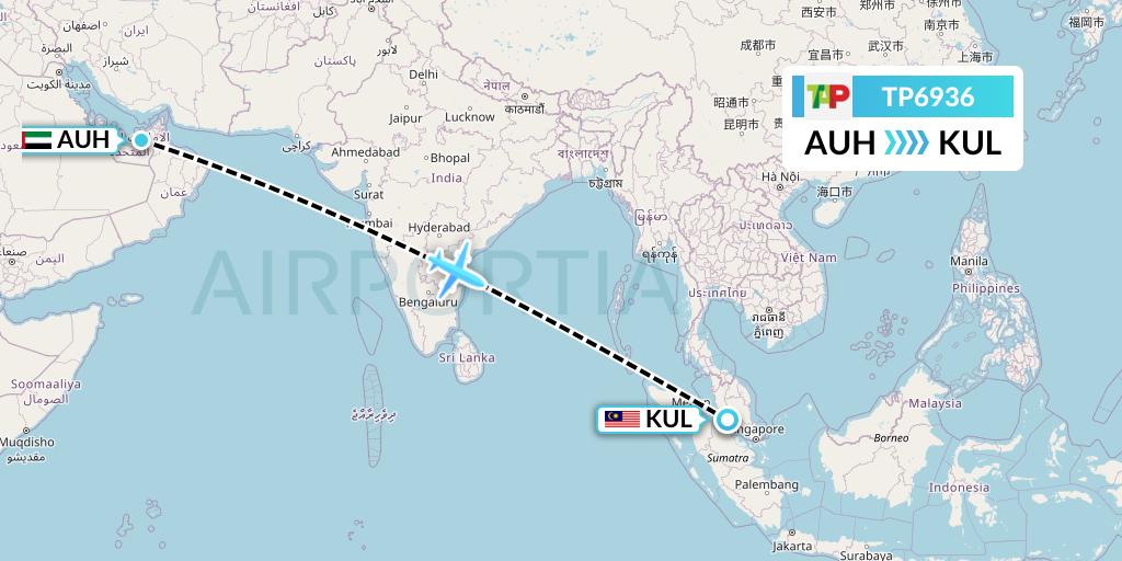 TP6936 TAP Portugal Flight Map: Abu Dhabi to Kuala Lumpur
