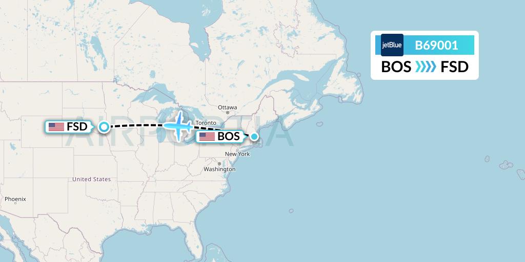 B69001 JetBlue Airways Flight Map: Boston to Sioux Falls
