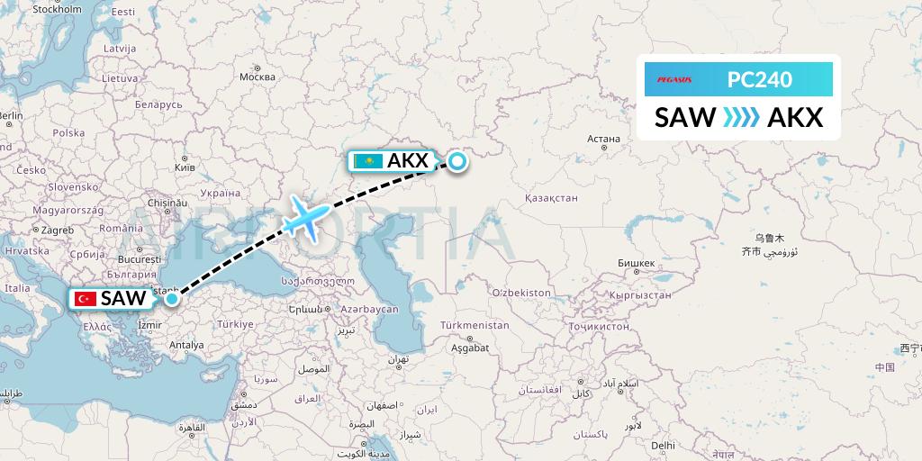 PC240 Pegasus Airlines Flight Map: Istanbul to Aktobe