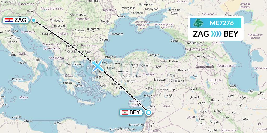 ME7276 MEA Flight Map: Zagreb to Beirut
